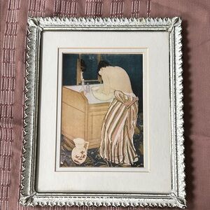 Vintage Print with Cream and Brown  by Mary Cassatt . Woman Bathing. 1890/1891